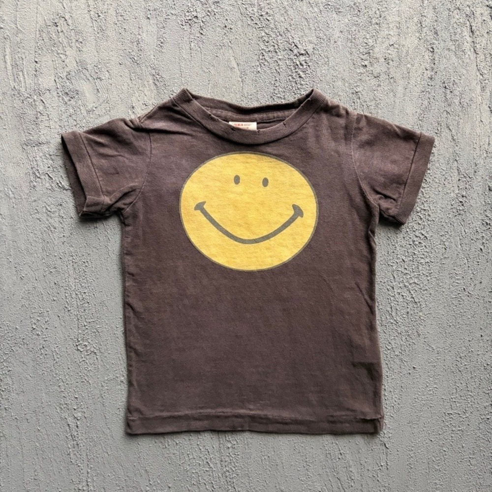 Denim Dungaree T-Shirt XS 100CM Brown Smiley Face Japan Baby Tee